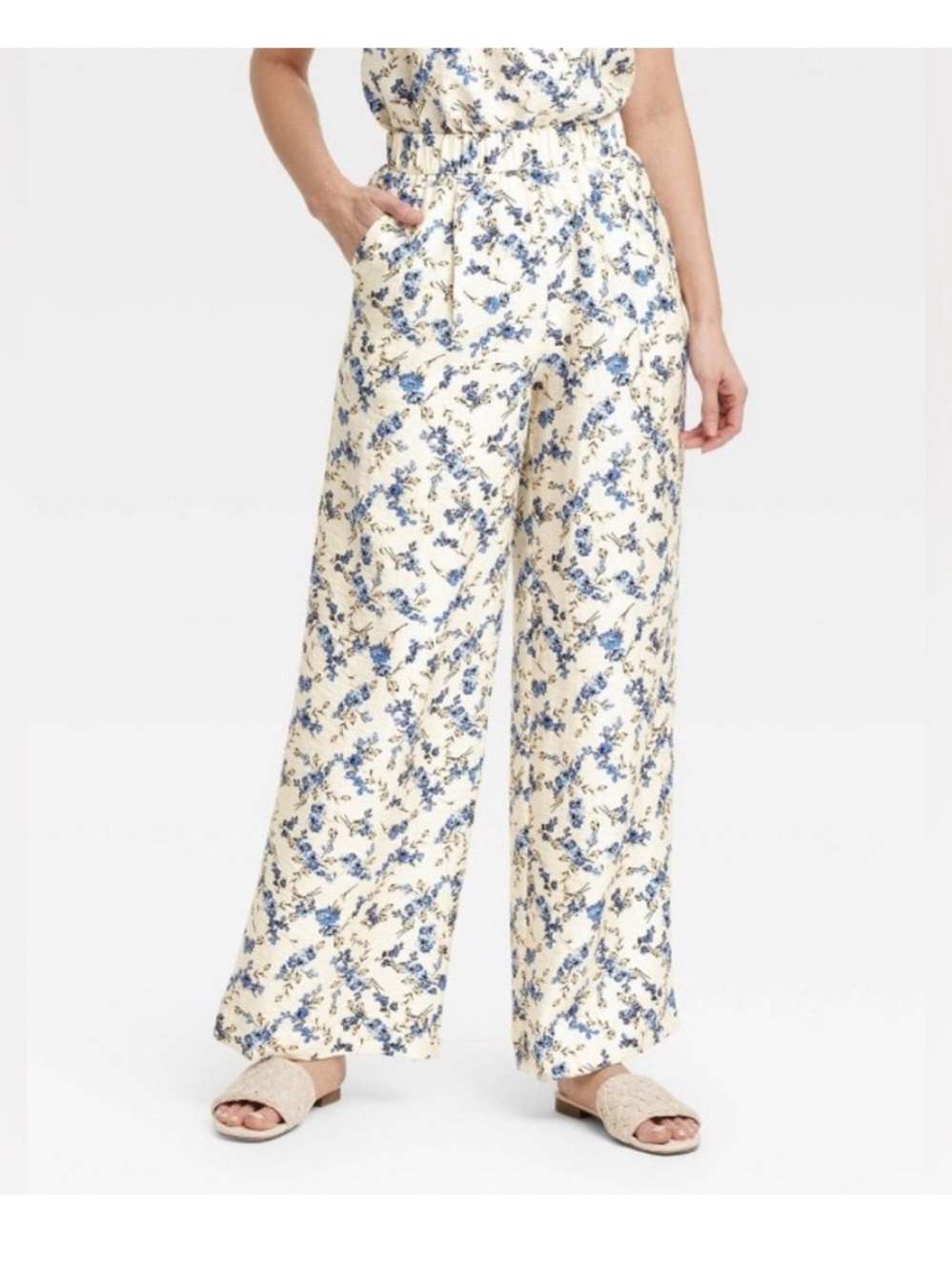 a new day Cream Wide-Leg Floral Pants with Blue Print